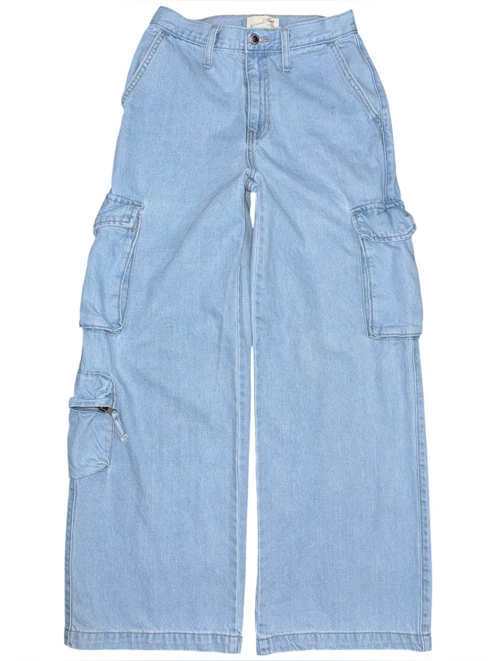 Wide Leg Baggy Cargo Jeans Light Blue Wash High Rise Utility Zip Pocket Sz 2 y2k